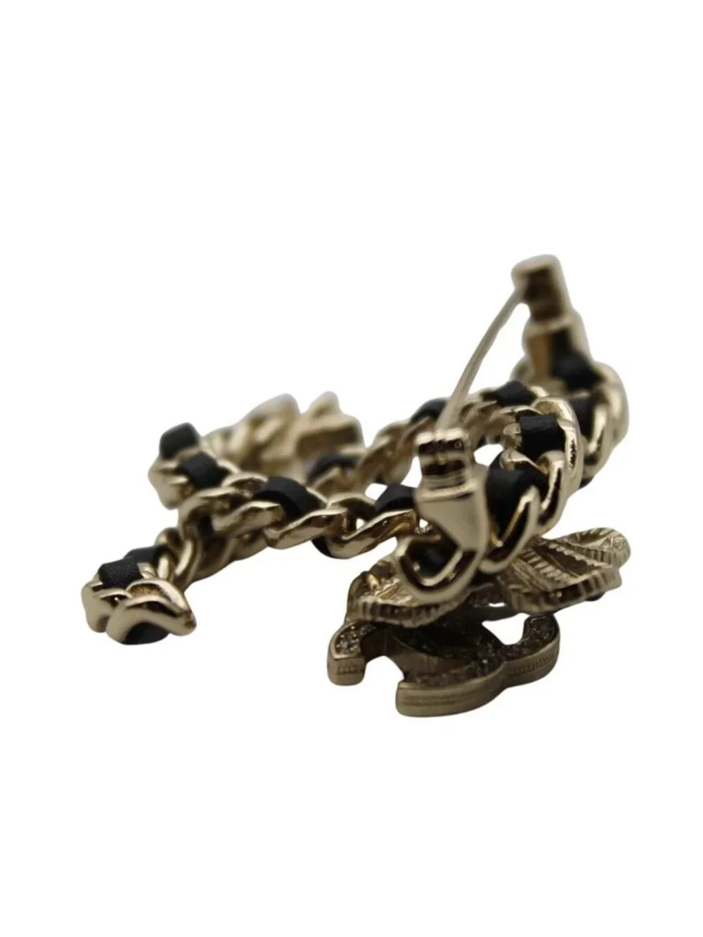 Chanel Brooch Metal Rhinestone CC Logo Black Gold Pearl Flower